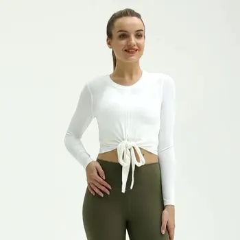 Есенна бързосъхнеща спортна блуза за йога 2022 г., дишаща Свободна однотонная дамски дрехи за фитнес, съкратен топ за тренировки дантела