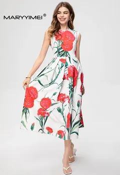 MARYYIMEI, модерно дизайнерско пролетно-лятно висококачествено женствена рокля без ръкави с цветен принтом, приталенные дълги рокли с кръгло деколте