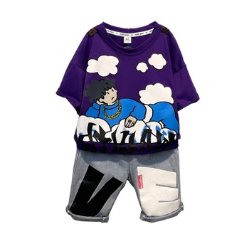 Годишният случайни комплект дрехи за момичета, модерен костюм за малки момчета от 2 до 10 години, детска тениска с анимационни герои + шорти, комплект от 2 теми за детски дрехи