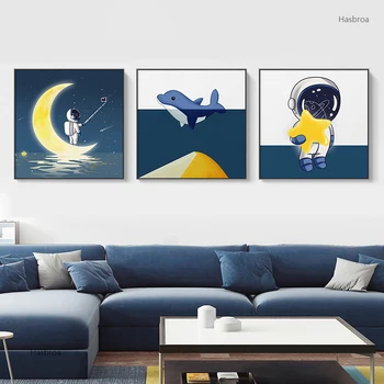 Стенен художествени картини, Плакати и щампи с участието на Астронавти в скандинавски стил, Луна, звезда, Стенни Синьо-жълта картина върху платно, декор за детска стая в детската стая