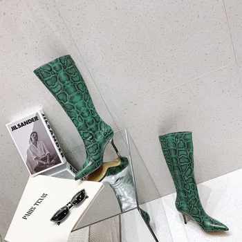 Ботуши от телешка кожа; Дамски обувки с крокодиловым принтом; Zapatos Para Mujeres Botas Largas De Mujer на дълги високи токчета с остри пръсти; Елегантен дизайн