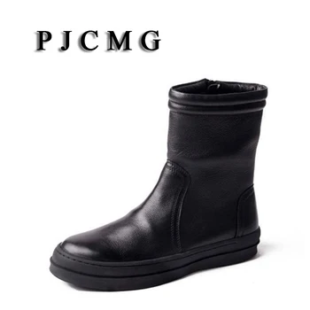 PJCMG Модерен есенно-зимни мъжки обувки от естествена кожа с остри пръсти, с цип до средата на прасците, на нисък ток в стил милитари