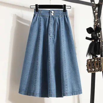 Дамски дънкови поли, пролетно-лятна еластична пола с висока талия, синя пола със средна дължина, трапецовидна форма, дамски свободна ежедневна пола