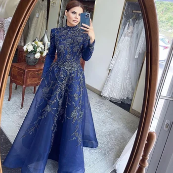 Шарън Каза, Луксозно Дубайское тъмно синьо, мюсюлманското вечерна рокля за жени, за сватба парти 2023, Елегантни вечерни рокли midi в арабски стил SS407
