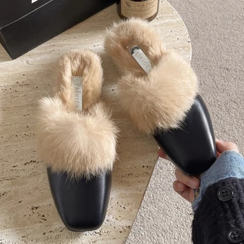 Нови модни Зимни Плюшени Дамски Обувки Mule Baotou За почивка, Топли Дамски чехли на равна подметка, от изкуствена кожа, Дамски обувки