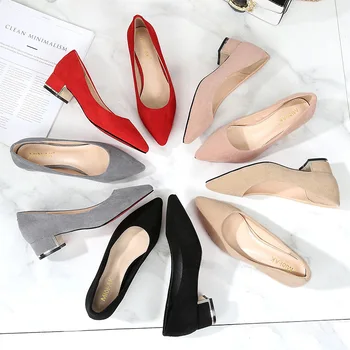 Нови Дамски Елегантни и Ежедневни Офис обувки, Червено и черно цвят На дебелите ток, Жените слипоны с остри пръсти, Модни вечерни обувки-лодка F0001