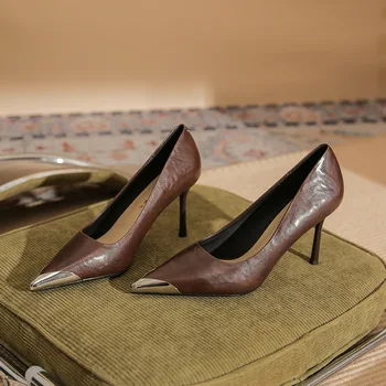 Нови Стилни дамски обувки на тънък ток от овча кожа EVACANDIS с остри пръсти и винтажной метал главата Classic