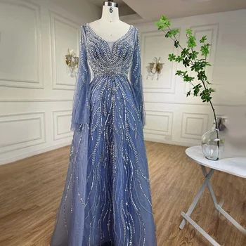 Вечерни рокли Serene Hill Arabic Blue Трапецовидна форма, бродирани с мъниста, Дълги Рокли на знаменитости 2023 г., за жени, за сватба парти LA72099
