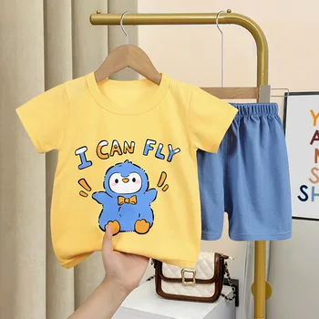 Лятна детска тениска С къс ръкав + Шорти, Комплект от тениски за момчета и момичета, Костюми, Памучен детски дрехи от 1 до 6 години