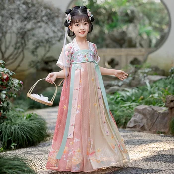 2022 Нова летни дрехи Hanfu за момичета в китайски стил, Древна дрехи за момичета, пола Super Xianru, рокля с дълъг ръкав, водни Кончета, къс ръкав