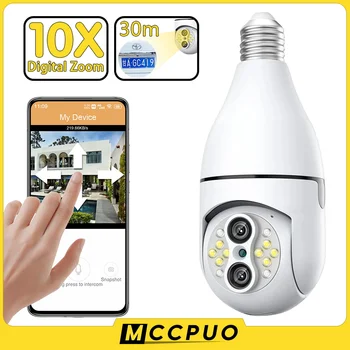 Mccpuo 4-мегапикселова камера за наблюдение, с две лещи с крушка E27 Wi-Fi 360 с автоматично проследяване на 360 PTZ IP камера цветно нощно виждане IP Security ВИДЕОНАБЛЮДЕНИЕ