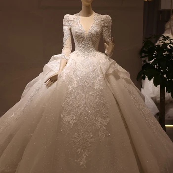 Луксозна сватбена бална рокля Sharon Said от Дубай с V-образно деколте, 100% реални снимки 2024, Елегантни Арабски сватбени рокли с дълги ръкави RS041