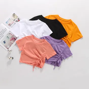 Лятна тениска за момичета, детски съкратен топ, модни детски градинска дрехи, крученая чрез шнурове, тениска за момичета с ярки цветове DT123
