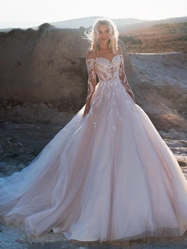 Дантелено сватбена бална рокля с открити рамене, Плажен Пухкави тюл, Прозрачна облегалка в стил Бохо, Направен по Поръчка на Сватбени рокли с перли принцеса Голям размер