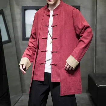 Пролет-Есен Мъжко Китайското Памучни Ленено палто, Без Яке-жилетка със Средна дължина, Мъжки облекла от две части