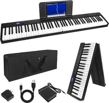 Сгъваема клавиатура за пиано за домашно обучение, 88 клавиша, цифров сгъваема педала за поддръжка на Bluetooth MIDI, поставка за партитури, чанта