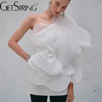 Женствена рокля GetSpring 2024 с флорална декорация на кос на раменете, без ръкави, без гръб, без презрамки, секси бели мини рокли за сватбени партита