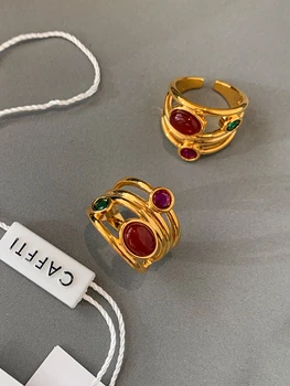 Пръстен с червен Агатом и скъпоценния камък Циркон Дизайн на марката Испания Позлатени Реколта Луксозни Анилло Дамски бижута Подарък пръстен
