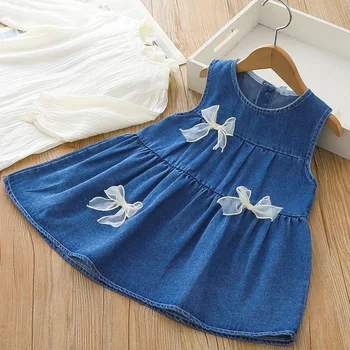 Комплект детски дрехи, блуза за момичета и джинсовое рокля 2024 пролет / лято, риза с лък в западен стил, комплект от две части на едро