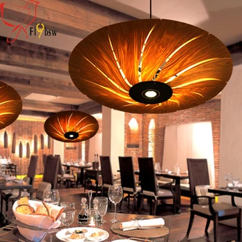 Окачен лампа от фурнир дърво Юго Източна Азия диаметър 5060 см кръгла дървена окачена лампа за ресторанта на хотела, лампа за дневна