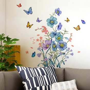 Сини стикери за стена с ботанически цветя и пеперуди, цветя, рисунки, зелени растения, стикери за стена за хол, диван, тапети декорации за телевизор