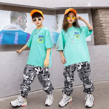 Детски облекла в стил хип-хоп, зелен топ, ежедневни панталони за джогинг с надпис Street за момичета и момчета, комплект дрехи за джаз танци