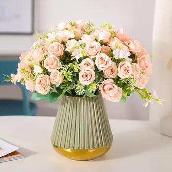 Цветя от плат от изкуствена коприна, високи цветя от изкуствена коприна, Изтънчен букет от изкуствени рози в корейски стил за дома сватбен декор, 10 вилици