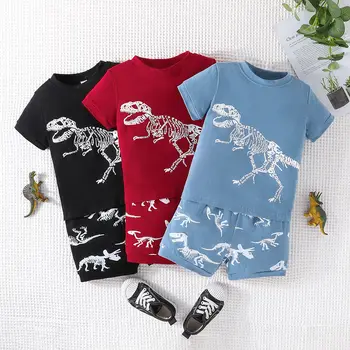 Лятна тениска с къси ръкави и принтом динозавър за момчета 4-6 години, комплект шорти, детски пуловер с анимационни герои, комплект от две части, дрехи за малките момчета