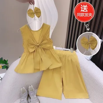 Комплект за момичета 2023 г., нов Корейски стил, модерен лък, однотонная дрехи, детски trend комплект от две части за деца