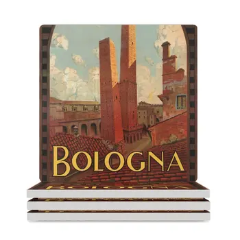 Болоня, Италия - Ретро туристически плакат, керамични подложки (квадратни), поставка за чаши, оригинален комплект на каботажните за чаши
