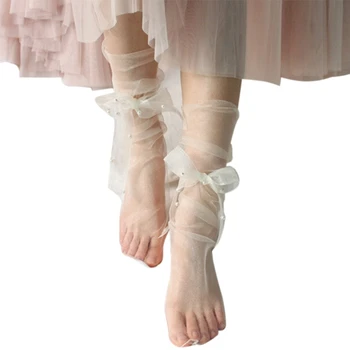 Женски-тънки прозрачни чорапи с припокриване на глезена, лък от ленти, чорапи от тюл с перлената мрежа