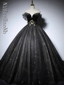 Вечерна рокля в Черен цвят с къси ръкави, с дължина до пода, Трапециевидные буйни рокля с деколте лодка, по-големи размери, дамски официални рокли за партита
