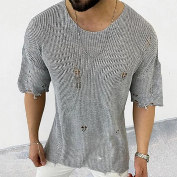 Мъжки дрехи, открити Летни ризи, мъжка мода тениска с къс ръкав, вязаная тениска, мъжки пуловер с кръгло деколте, топ 2023, градинска облекло