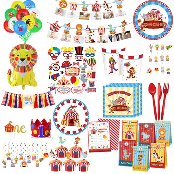 Украса за парти в чест на рождения ден на момчетата от карнавального цирк, балони с животни, хартиени чаши, чинии за душата на детето, еднократни прибори