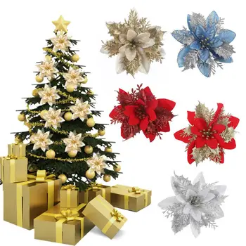 Празнични Изкуствени Цветя Блестящи Коледен Комплект Изкуствени Цветя Блестящи Листа Златисто-Сребрист Цвят за Коледа Коледна Венец