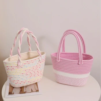 Преносима памучен bag Pink Color Twists, нова малка и свежа женска чанта за ръчно носене, плажна чанта за отдих, чанта за кошница за пикник