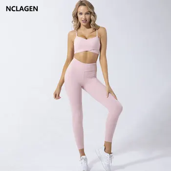 Жена комплект за йога NCLAGEN, спортни облекла от 2 теми, спортни гамаши и топ сутиен, еластичен спортен костюм за бягане във фитнеса, спортна екипировка за луди тренировки