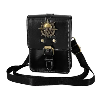 Готическата чанта в стил Steampunk Реколта чанта през рамо с черепа Черна кожена Мини-поясная чанта Мъжки/дамски