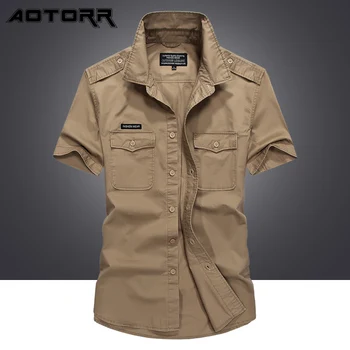 Лятна ежедневни памучен риза, мъжки качествена блуза в стил карго с къс ръкав, мъжки модни дрехи ризи с ревери във военната стил, облекло копчета