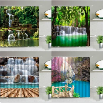 Пролетен пейзаж с водопад, Завеси за душ, природни пейзажи, Водоустойчив завеса, декорация за дома в банята, Полиестерен плат с куки