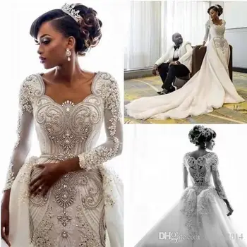 Русалка С дълги ръкави, Африканска лейси апликация от мъниста и кристали, Подвижна панделка, Сватбена рокля за младоженци 2024