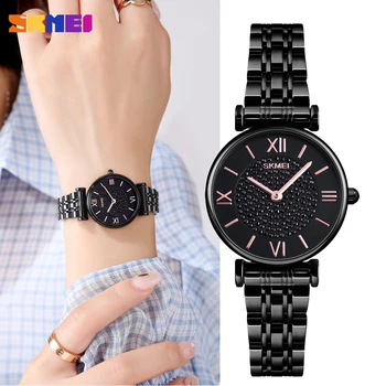 SKMEI Луксозни Кварцов дамски часовник с водоустойчив каишка от неръждаема стомана, Дамски часовници, Ежедневни Гривна, Дамски ръчни часовници reloj para mujer