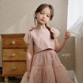 Работа-розов комплект дрехи от 2 теми за малките момичета, детска пола с пищни ръкави, панделки и къдри, детски бутикови облекла за детски дрехи