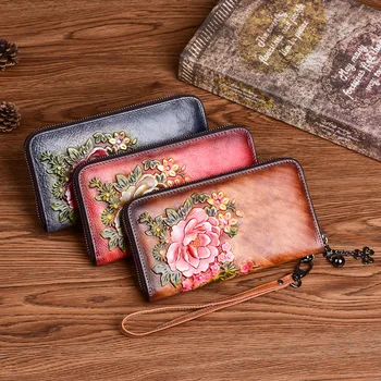 Нов дамски портфейл от телешка кожа на горния слой, чанта с цветя модел, Дълъг портфейл с цип, ретро Персонализирани клатч, Топла разпродажба