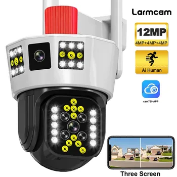 IP камера WiFi 6K 12MP с три екрана на открито 360 ° ВИДЕОНАБЛЮДЕНИЕ PTZ Градинска камера с 5-кратно увеличение Камера за сигурност и Видеонаблюдение Защита на сигурността на