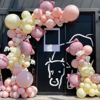 106шт Макарони в Розово-жълто Набор от балони с венец и арка във формата на главата на свинята, балони балони за парти по случай рожден ден, бебе Душ, сватбена украса