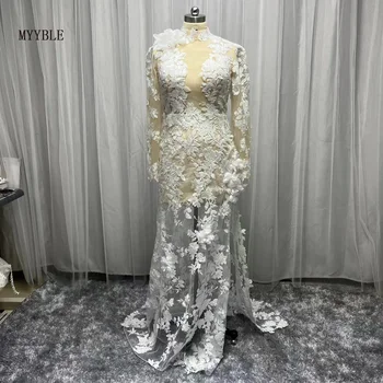 Реална снимка на Сватбена рокля Арабия Mermaid 2022 С висока яка, прерязано от двете страни, кружевными апликации, сватба рокля в стил Бохо с дълъг ръкав на поръчка
