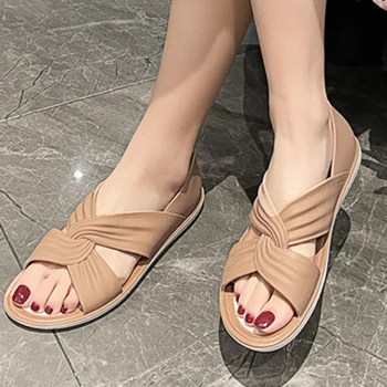 Летни нови дамски сандали без закопчалка на равна подметка 2023, модни дамски плажни обувки, дишащи обувки Mary Janes с отворени пръсти