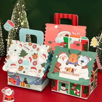 Нови Подаръчни Кутии Весела Коледа Във Формата На Къща Мультяшные Преносими Торбички За Опаковане На Бонбони, Дядо Коледа, Снежен Човек Лосове Коледна Елха Кутия За Подаръци