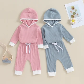 FOCUSNORM, комплект дрехи за новородени момчета и момичета от 2 теми, Цветни тела в рубчик с качулка и штанами в стил мозайка